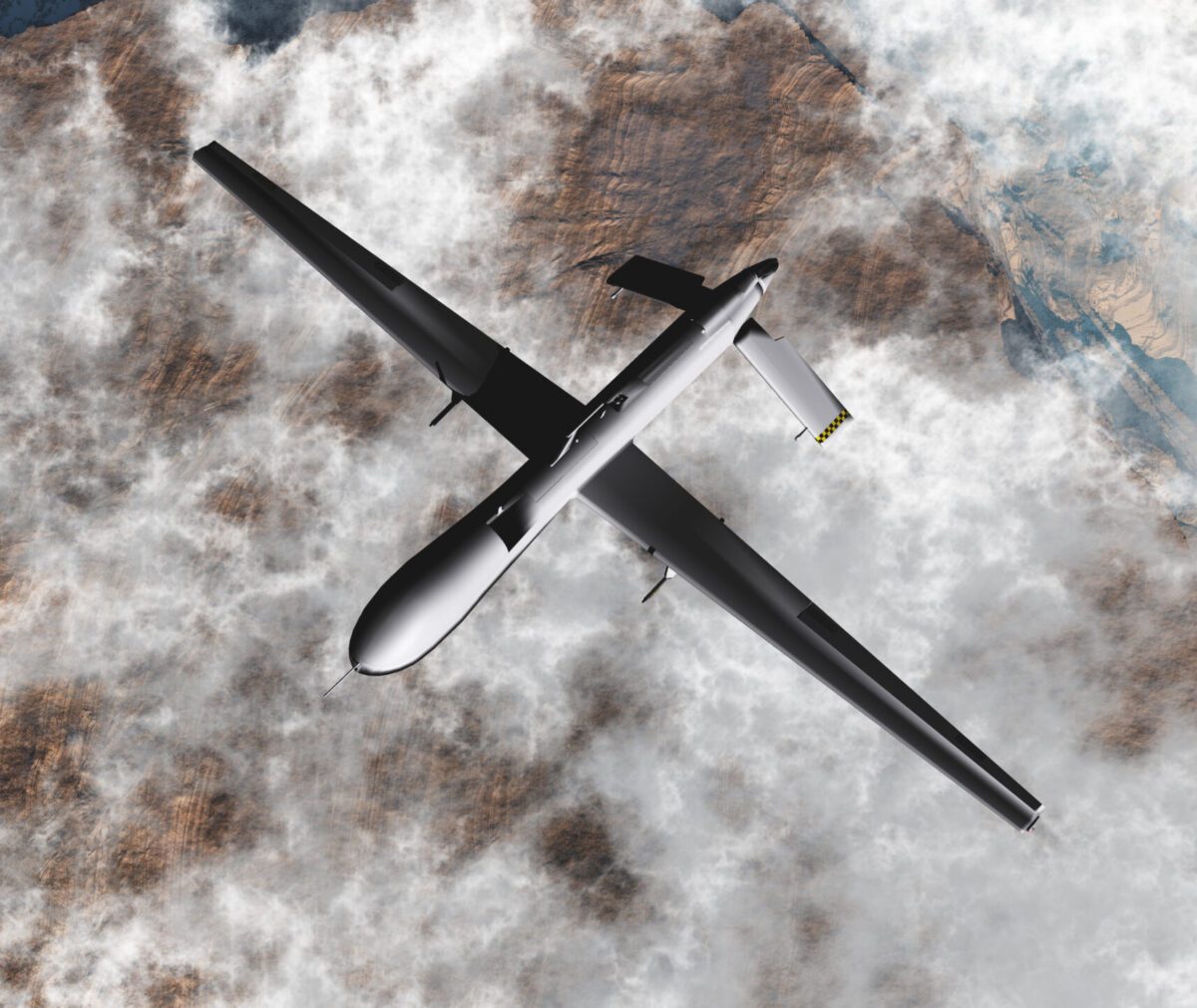 Predator Drone from above, flying over clouds and dessert