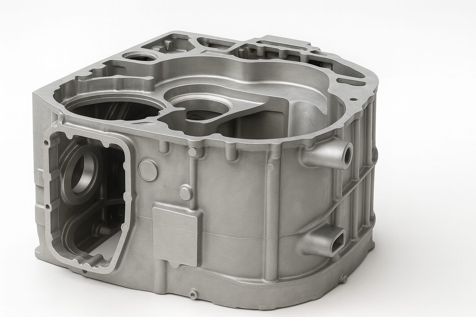 Landscape image of a redesigned aluminium transmission casing representing a defence‑grade, multi‑core sand‑cast component with complex internal geometry, tight dimensional tolerances, and military‑spec structural integrity. The part is shown with altered proportions to protect NDA‑sensitive details, symbolising Grainger & Worrall’s hybrid simulation‑plus‑sampling methodology, accelerated nine‑month development cycle, and ability to deliver high‑integrity, low‑scrap castings for critical aerospace and defence applications